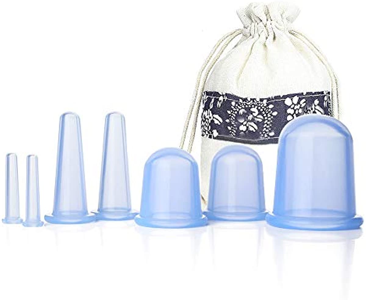 Facial Cupping Set Silicone Face Cupping Massage Therapy Sets 7Pcs Vacuum Suction Massage Cups with Pouch for Myofascial Massage, Muscle, Nerve, Joint Pain Relief (Blue)