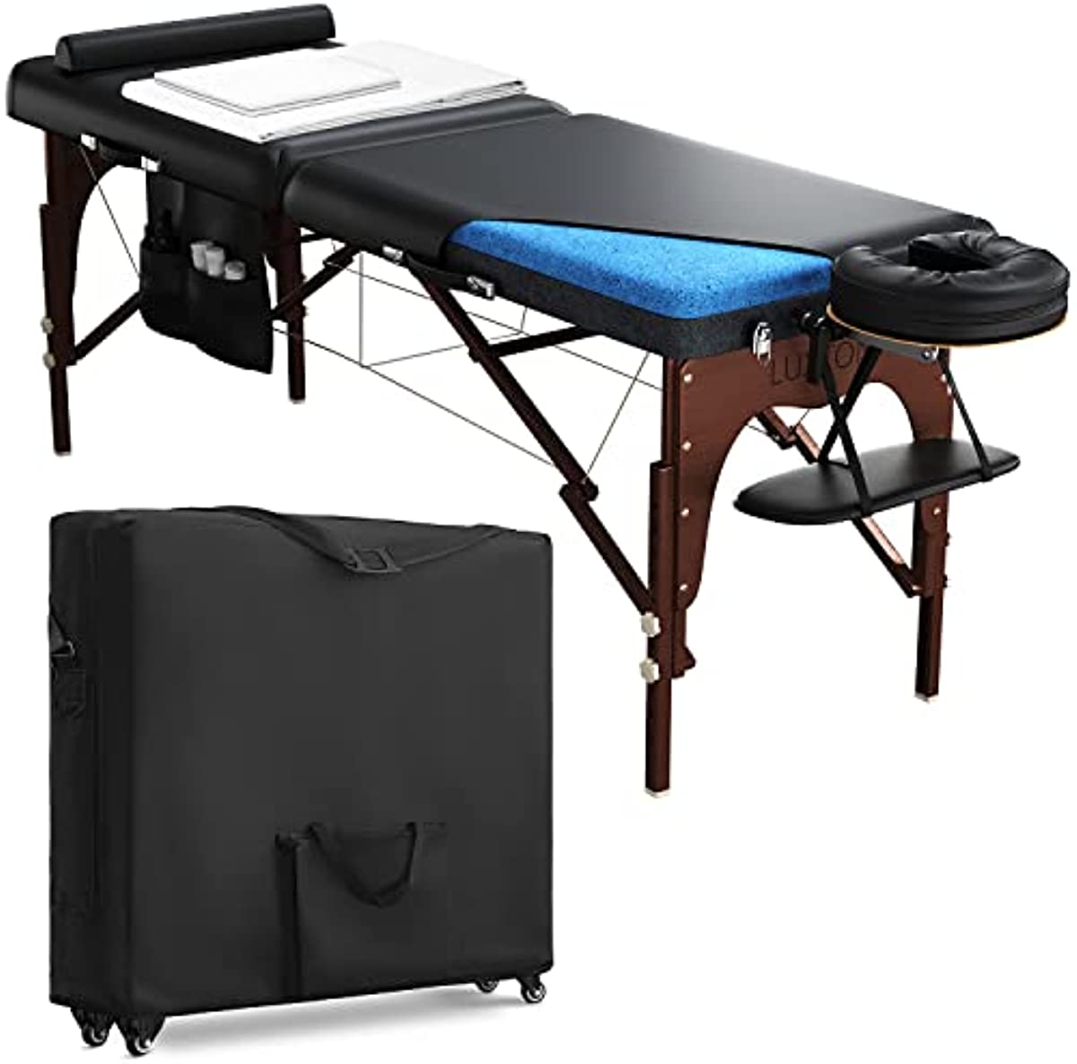 Luxton Home Premium Memory Foam Massage Table with Rolling Carrying Travel Case, Washable Sheets and More - Thicker and Wider Portable Massage Bed - Professional Ergonomic Folding - Adjustable Height