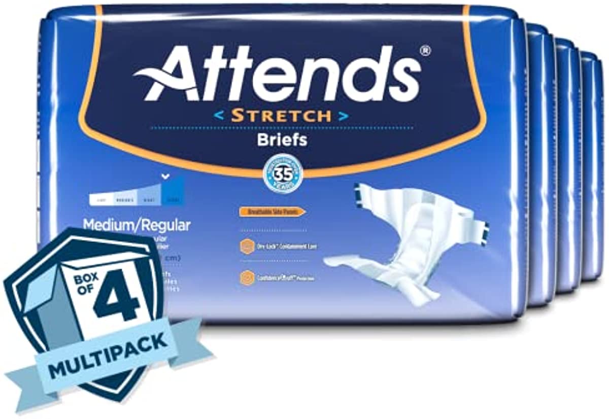 Attends Stretch Briefs with Advanced Dry-Lock Technology for Adult Incontinence Care, Medium/Regular, Unisex, 24 Count (Pack of 4)