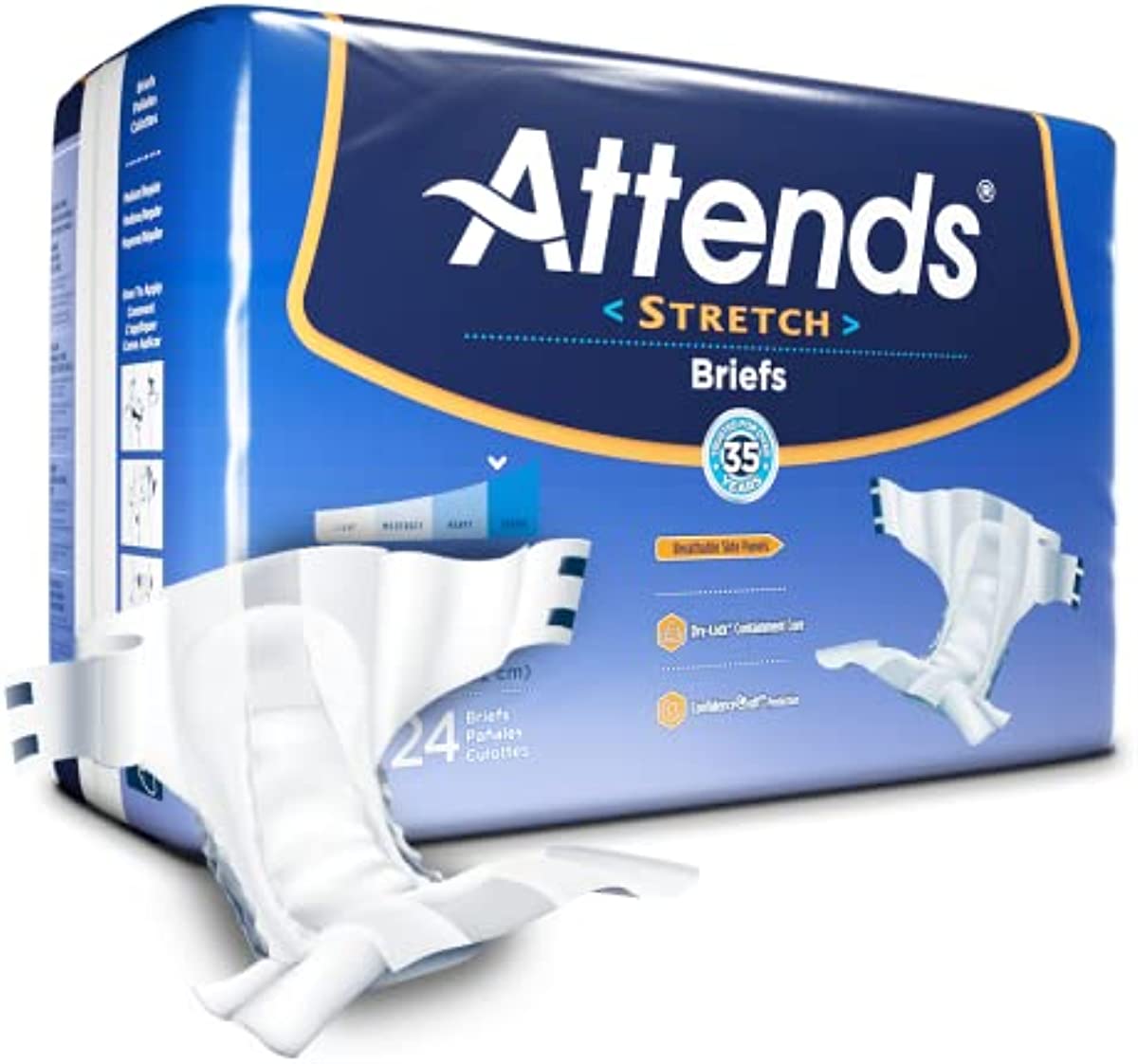 Attends Stretch Briefs with Advanced Dry-Lock Technology for Adult Incontinence Care, Medium/Regular, Unisex, 24 Count (Pack of 4)