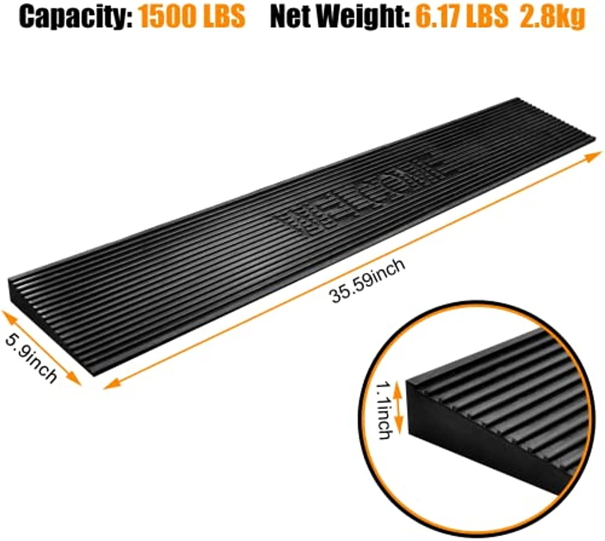 1.1\" Rise Rubber Threshold Ramp, Non-Slip Solid Threshold Wheelchair Ramp, for Doorways, Stairs, Steps, Curbside Wheelchairs and Mobility Scooters，35.59\" Wide 1500 LBS Capacity