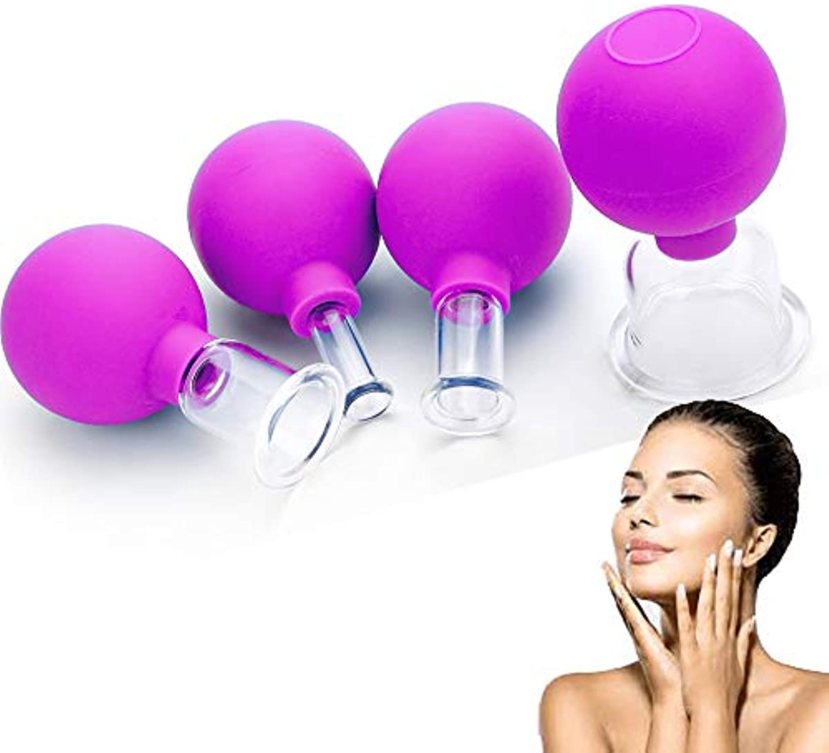 Glass Facial Cupping Set- 4pcs Silicone Vacuum Suction Face Massage Cups Anti Cellulite Lymphatic Therapy Sets for Eyes, Face and Body (Rose red)
