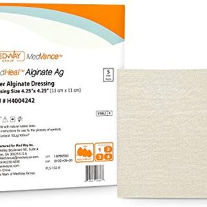 MedHeal Silver Calcium Alginate Ag Sterile Highly Absorbent Antibacterial Dressing, 4.25\"x4.25\", 5 dressings/Box, MedHeal by MedvanceTM