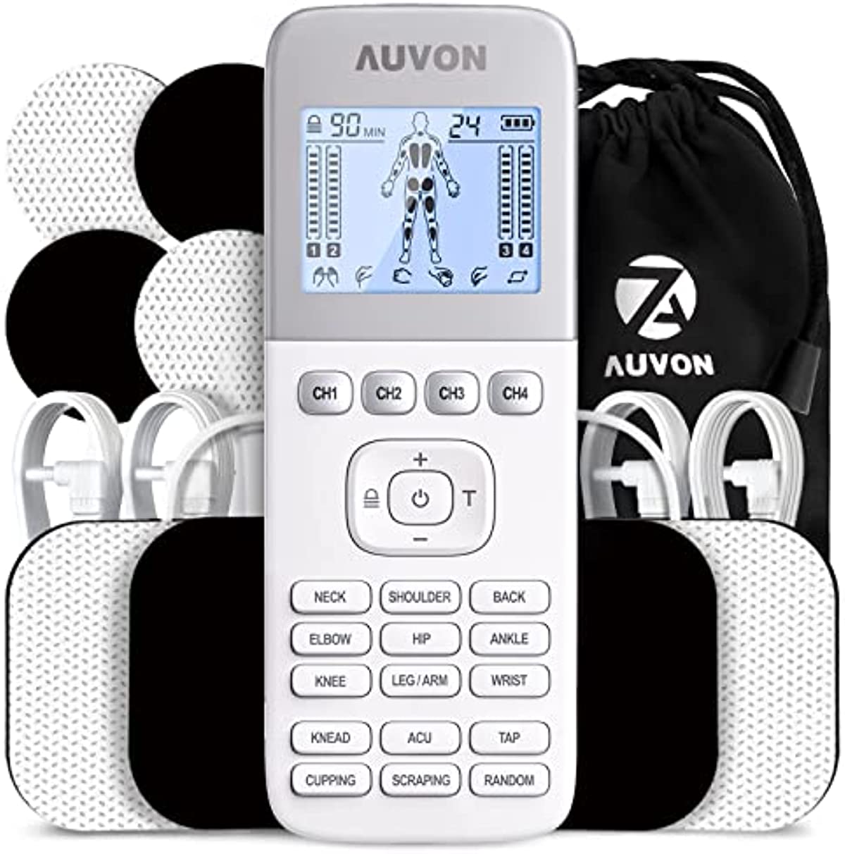 AUVON 4 Outputs H1 TENS Unit 24 Modes Muscle Stimulator for Pain Relief, Rechargeable TENS EMS Machine with Easy-to-Select Button Design, 2X Battery Life, Dust-Proof Bag and 8 Electrode Pads