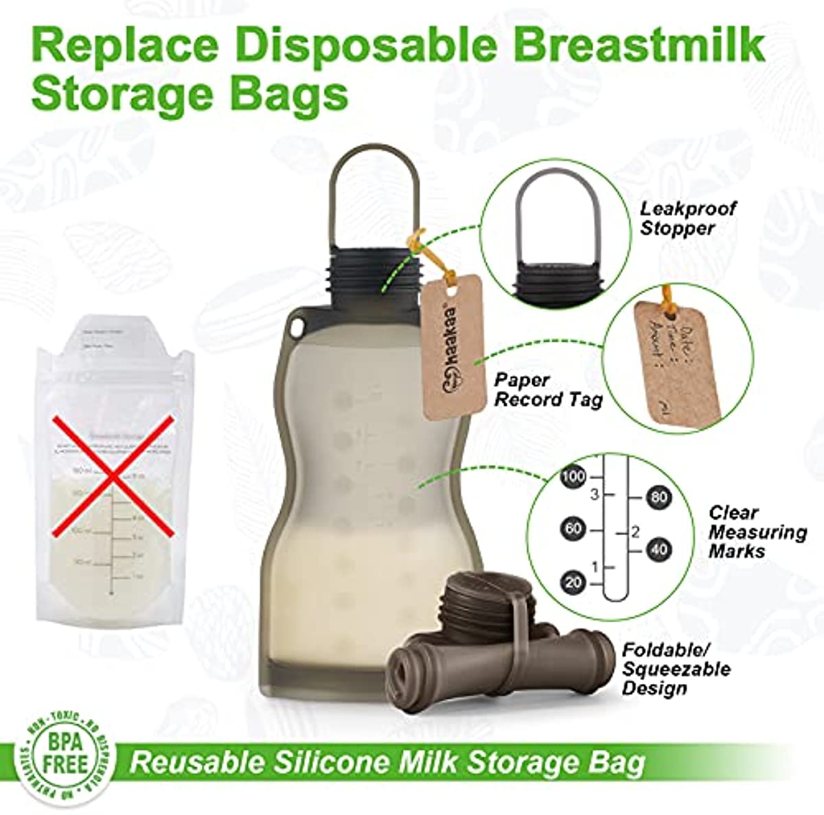 haakaa Silicone Manual Breast Pump 5.4 oz & Reusable Breastmilk Storage Bag 9oz Set - Milk Collector| Letdown Catcher| Leak Proof Storing Pouches| Breast Milk Saver for Breastfeeding Moms