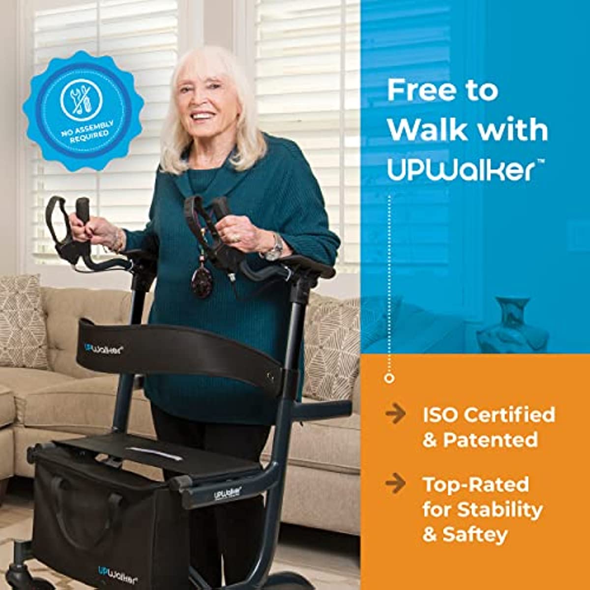 UPWalker Lite The Original Upright Walker – Fully Assembled ISO Certified Adjustable Stand-Up Rollator Walker with Seat, Armrest, Backrest for Seniors