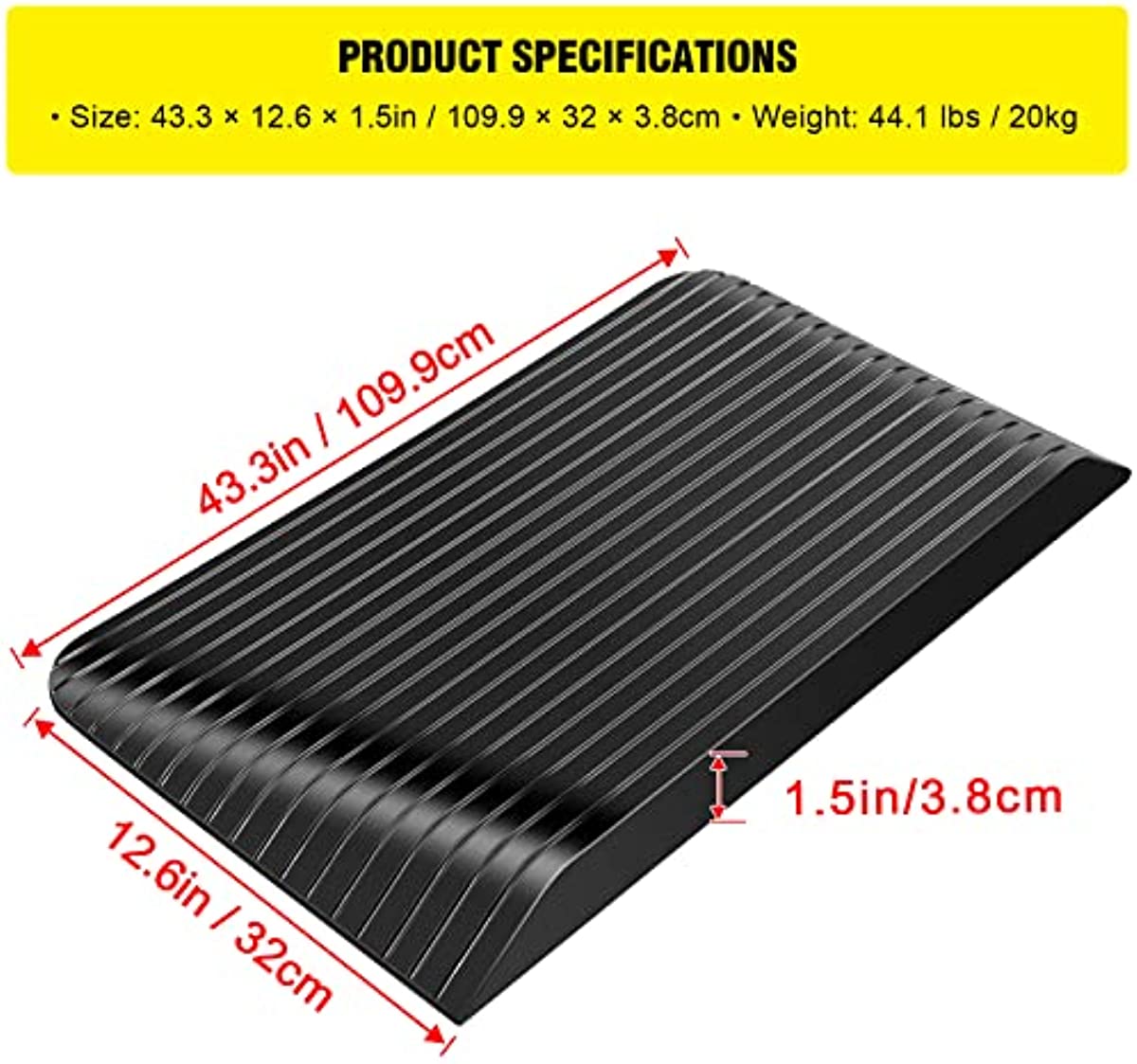 Curb Ramp 1.5\'\' Rise Solid Heavy Duty Rubber Threshold Ramp 20000LBS，Driveway Ramp for Wheelchair Scooter Doorway 43.3\" x 12.6\" x 1.5\"