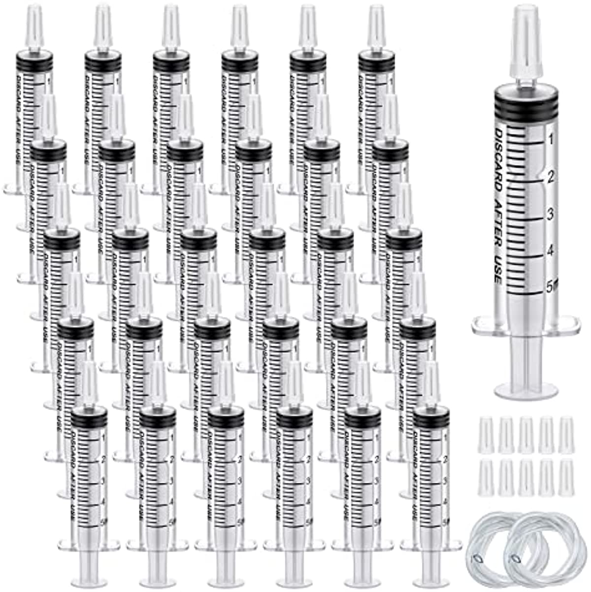 30Pack 5ml Plastic Syringe Sterile Individual Wrap with Tip Cap&Soft Tube, Measurement and Dispensing Syringe Tools for Science Labs,Liquid Measuring,Feeding Pets,Oil or Glue Applicator (5ml, 30)