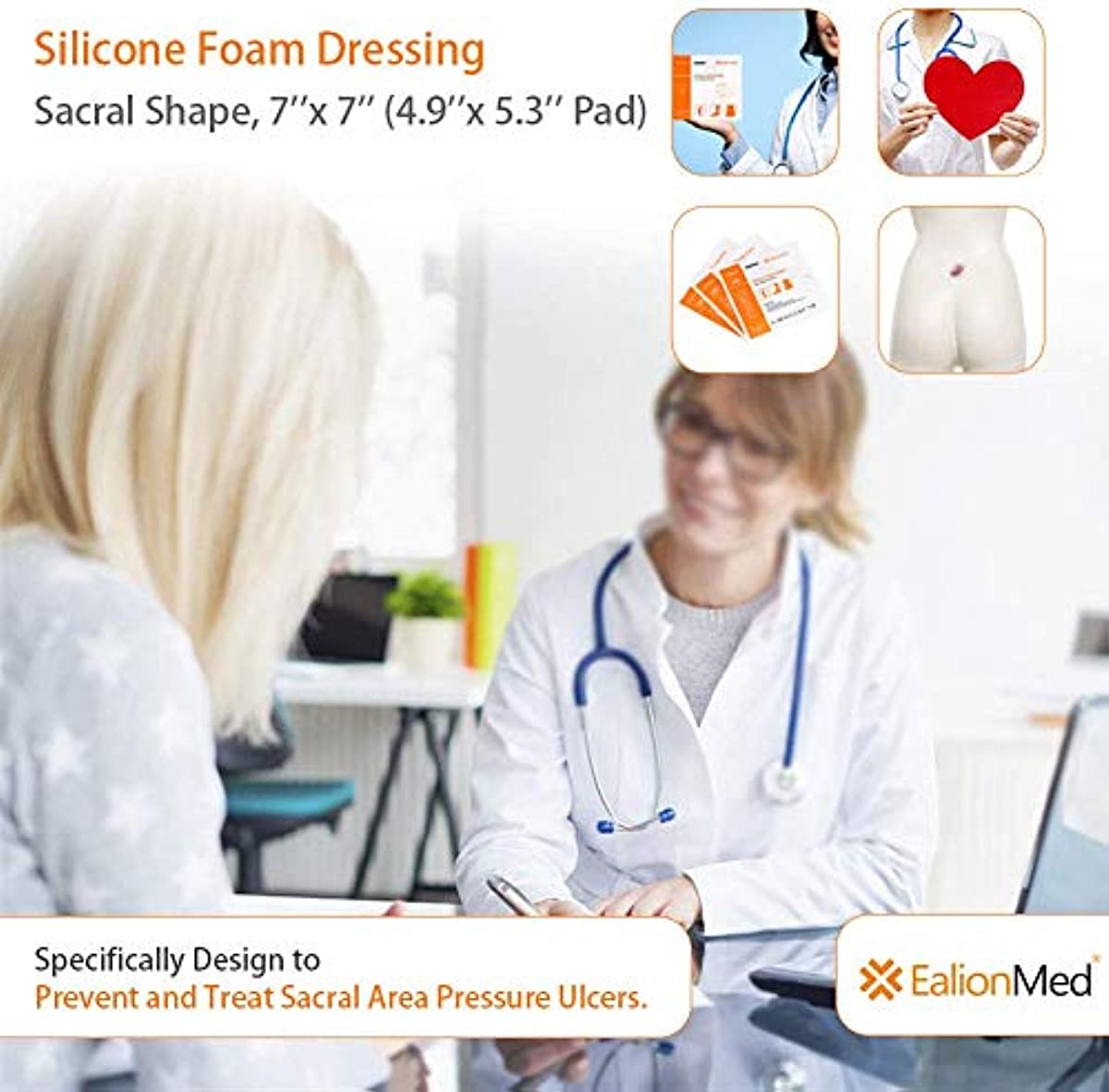 Sacral Silicone Foam Dressing with Border for Sacrum Ulcer, Pressure Ulcer, Butt Bed Sore, Size 7\'\'x7\'\'(4.9\'\'x5.3\'\' Pad), Painless Removal High Absorbency, Bedsore Wound Bandage,5 Pack