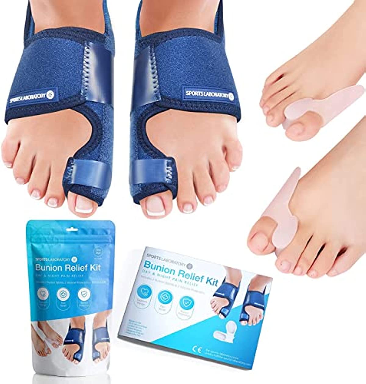 Sports Laboratory Bunion Corrector for Women and Men - Orthopedic Bunion Splints, Big Toe Straighteners and Bunion Relief Guide - Day and Night - Adjustable Size