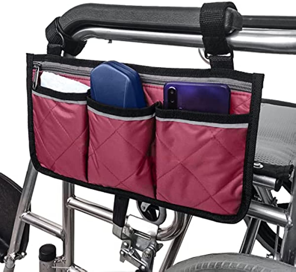 Wheelchair Side Bag, Waterproof Armrest Pouch Bag with Black Bright Line Wheelchair Side Storage Organizers for Walkers, Rollators, Scooters (Red)