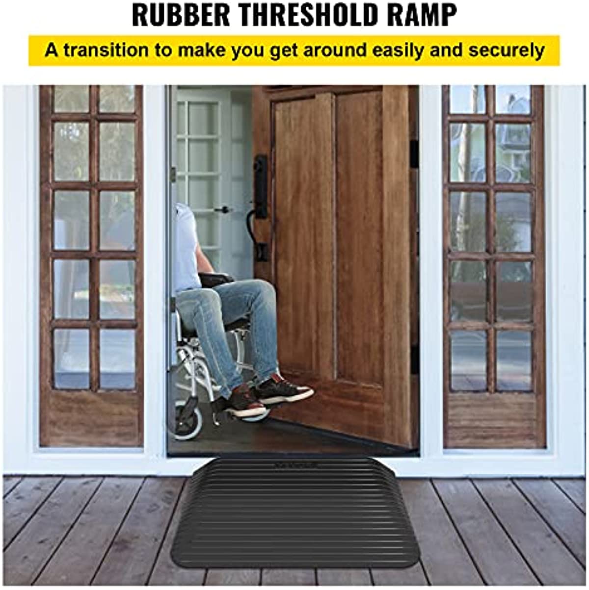 VEVOR Rubber Threshold Ramp, 4\" Rise Threshold Ramp Doorway, Recycled Rubber Power Threshold Ramp Rated 2200 Lbs Load Capacity, Non-Slip Surface Rubber Solid Threshold Ramp for Wheelchair and Scooter