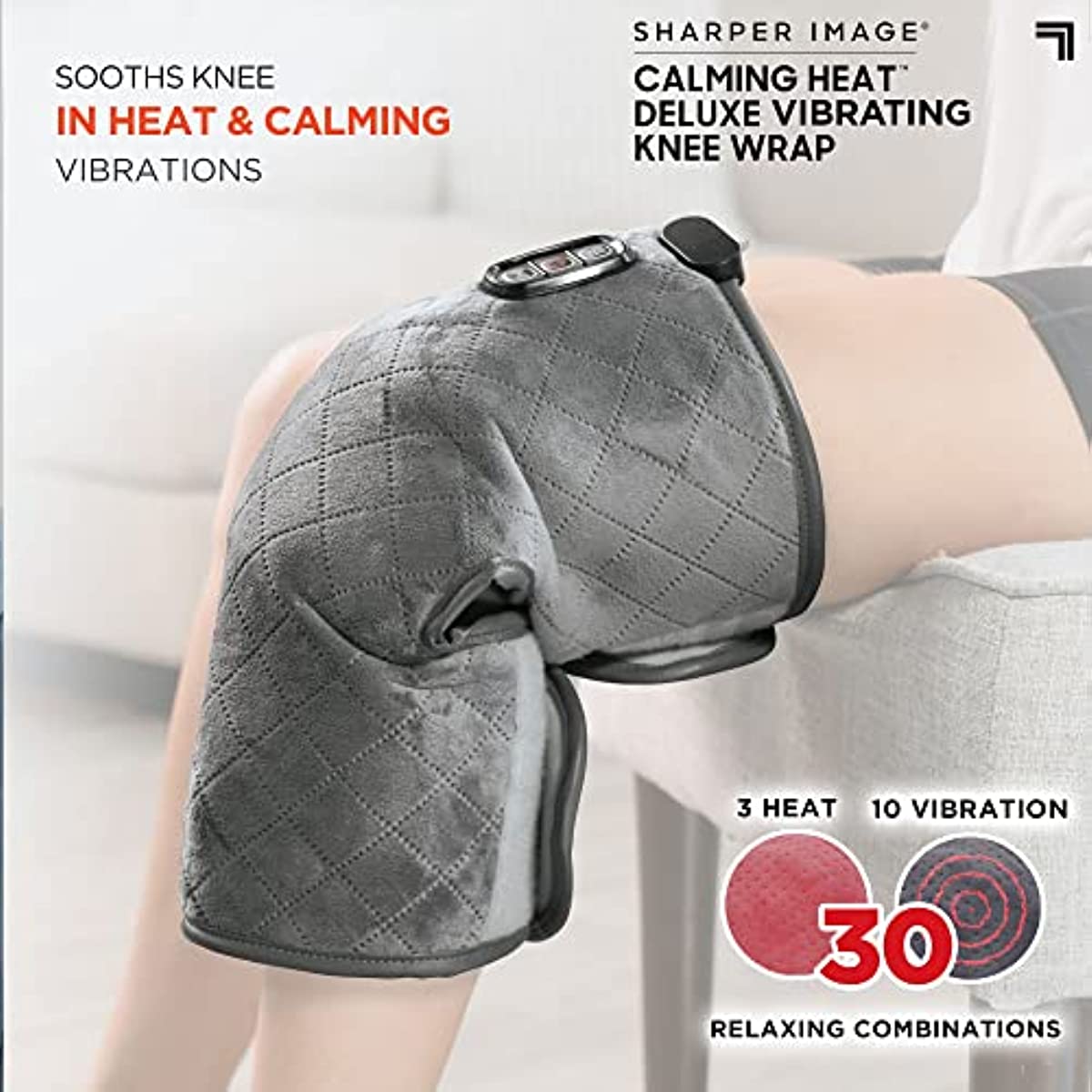 Calming Heat Knee Wrap by Sharper Image Personal Electric Knee Heating Pad Wrap with Vibrations, 2 Heat & 5 Massage Settings for 10 Relaxing Combinations, Soft to Touch Plush Fabric
