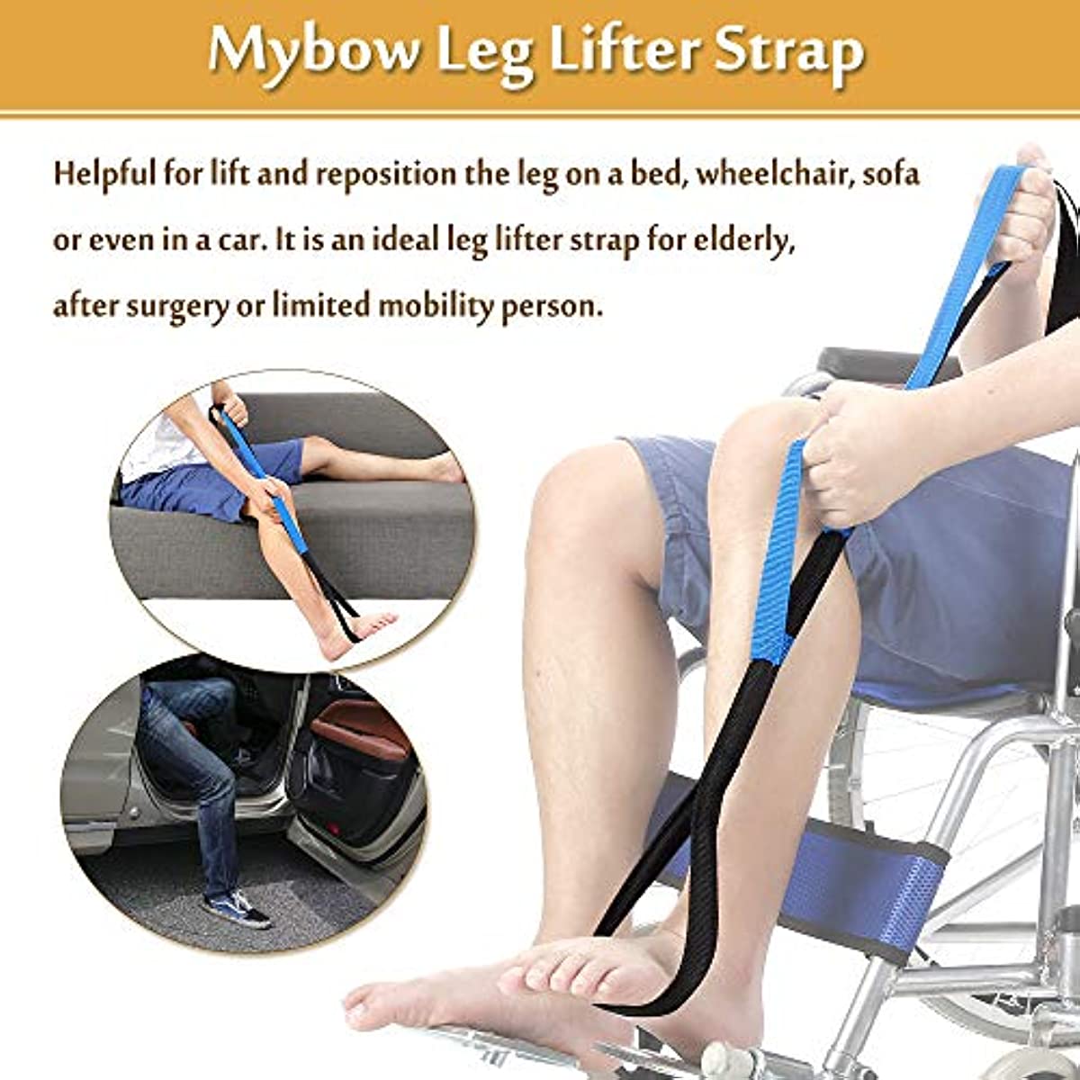 Leg Lifter Strap Rigid Foot 37\'\' Medical Thigh Lifter for Elderly After Knee Hip Surgery Recovery Kit & Hand Grip Therapy Tools Handicap Disability Mobility Aids for Car Bed Wheelchair Transfer (Blue)