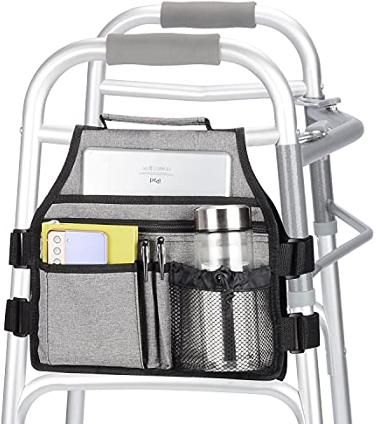 YF Side Walker Bag, DoubleSided Folding Walker Side Bags Storage Organizer Pouch with 8 Pockets, Waterproof Easy Access Elderly Walker Side Accessories with Handle and Mesh Cup Holder, Gray
