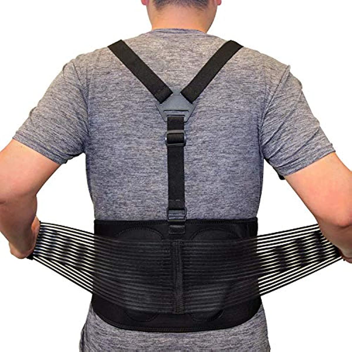 AllyFlex Sports Back Brace for Heavy Lifting Safety Belt, 3-Way Adjustable Suspenders with Dual Lumbar Pads for Lower Back Support and Injury Prevention, Large