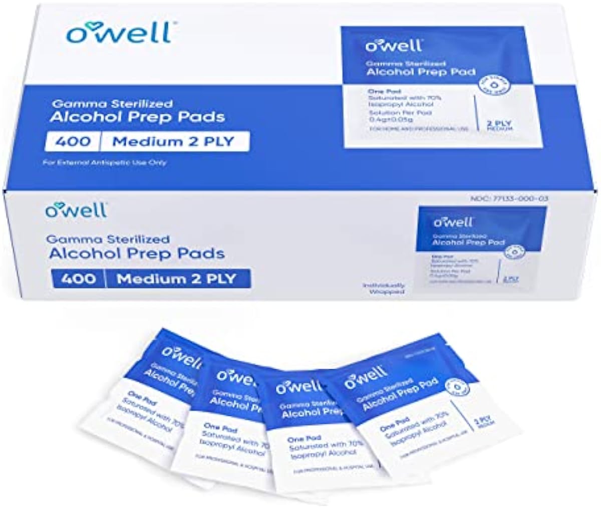 O\'WELL Alcohol Prep Pads, 400 Count | Medical & Professional Grade Sterile Alcohol Pads | Medium 2-Ply | Individually Wrapped, Gamma Sterilized, Antiseptic | Box of 400 Alcohol Swabs