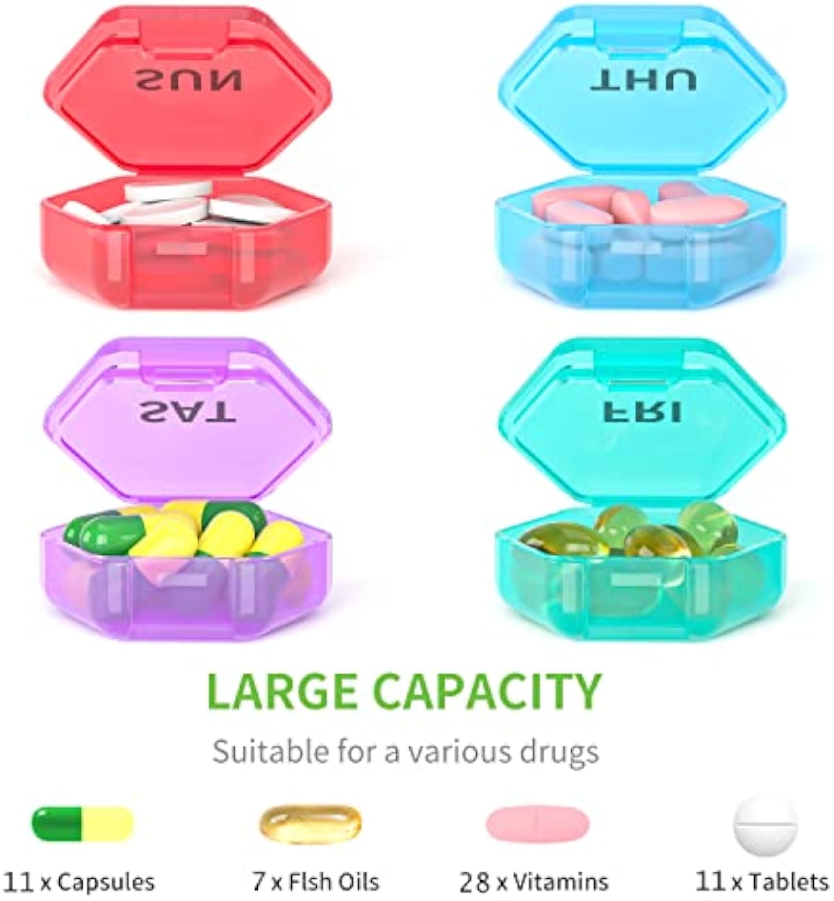 SUMMUE Small Pill Box, Weekly Pill Organizer - Travel Pill Container Portable 7 Day BPA Free Daily Mini Pill Case Holder for Pocket Purse Briefcase Travel Pills Medicine Cod Liver Oil Storage Box