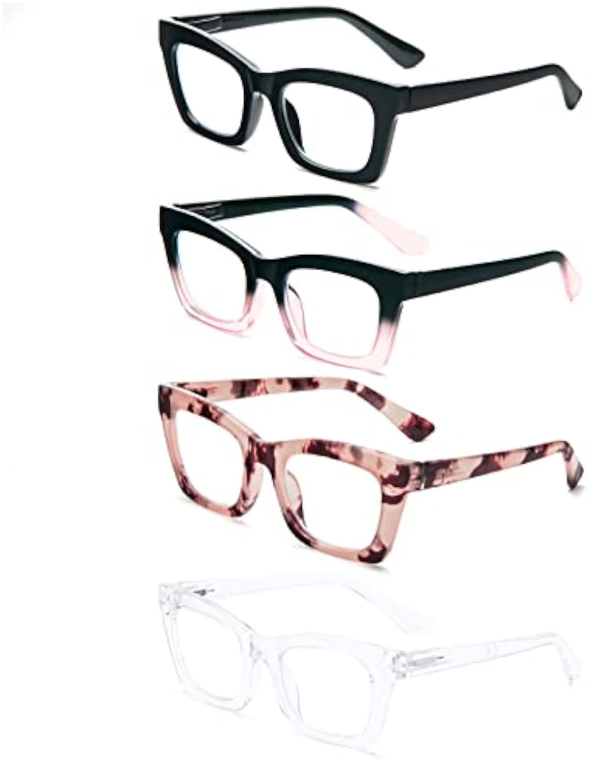 PRTCSLWD 4 Pack Reading Glasses for Women Oprah Style Oversized Square Spring Hinge Blue Light Blocking Glasses