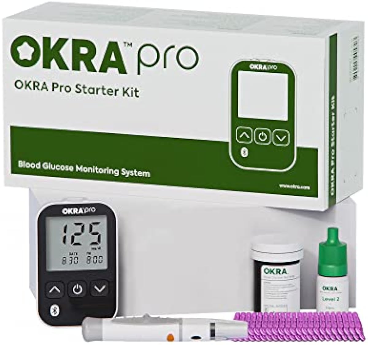 OKRA Pro Diabetes Testing Kit, 25 Glucometer Strips, 25 Lancets, 1 Blood Sugar Monitor, Blood Sugar Test Kit with Lancing Device, Diabetes Testing Kit, Large Display