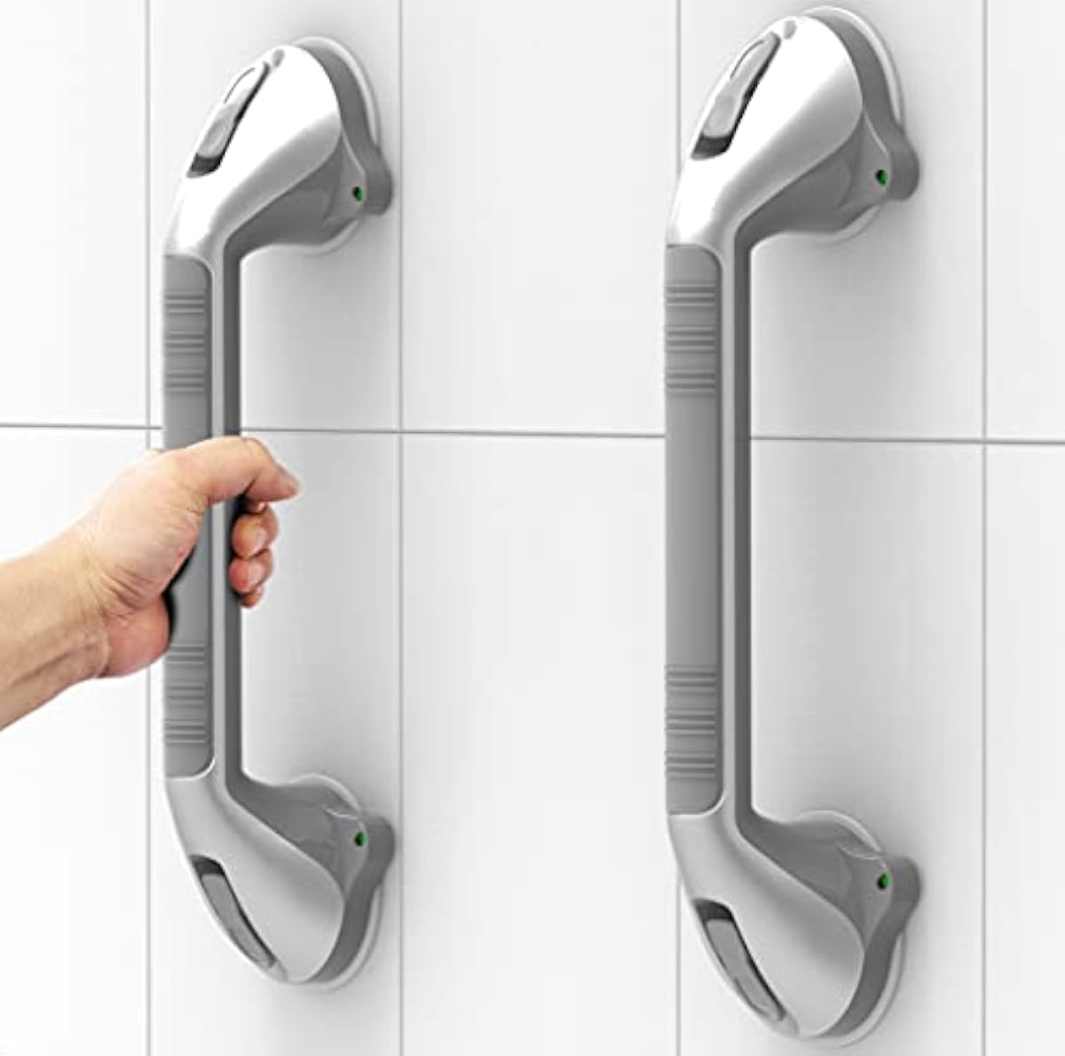 AquaChase 2-Pack 17“ Suction Shower Grab Bar with Indicators, Tool-Free Installation, Steady Handle for Balance Assist for Bathtub, Toilet, Bathroom, Dual Tone, Silver/Grey