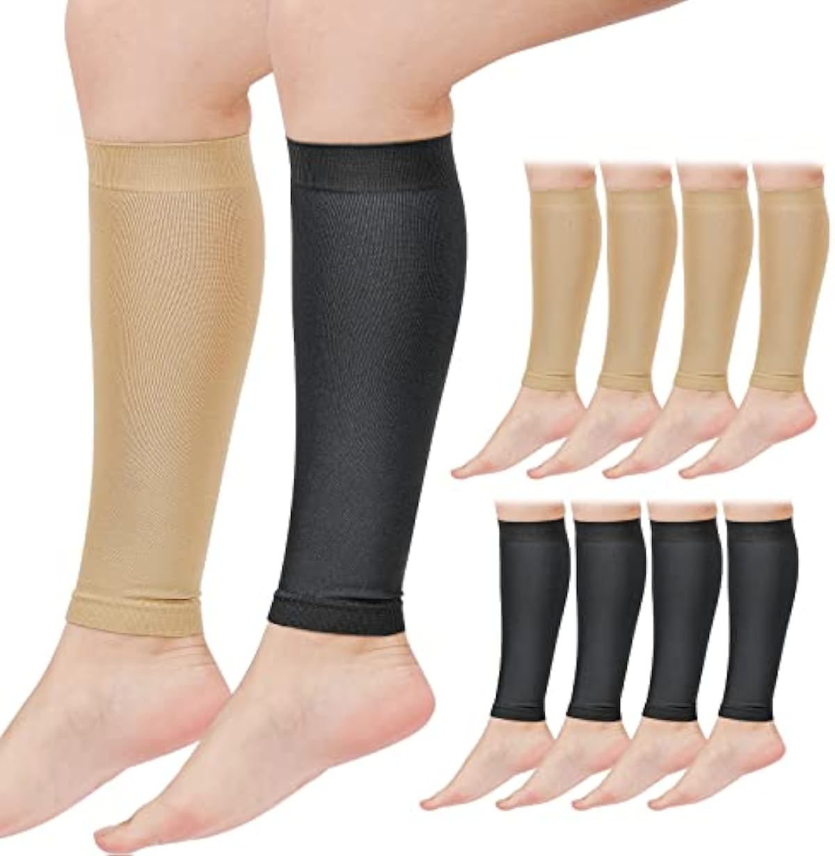 10 Pairs Calf Compression Sleeve Footless Compression Sock Football Leg Sleeve Calf and Shin Support for Men Women Youth Running Cycling Football Basketball Sports, Black and Beige, Medium