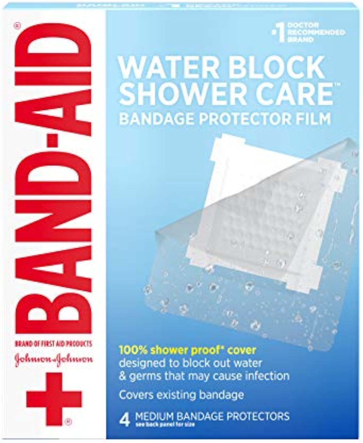 Band-Aid Brand First Aid Water Block Shower Care Clear Bandage Protector, Medium-Sized, 4 ct