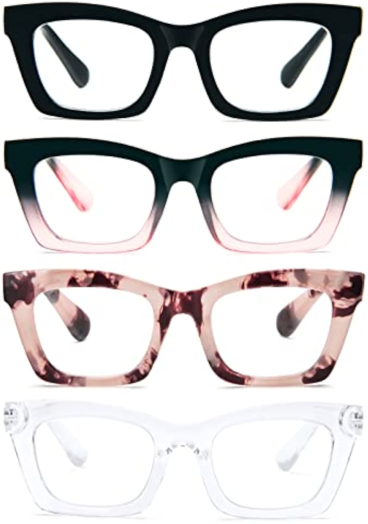 PRTCSLWD 4 Pack Reading Glasses for Women Oprah Style Oversized Square Spring Hinge Blue Light Blocking Glasses