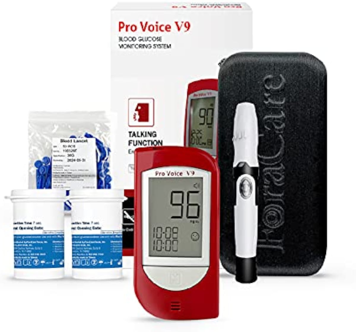 FORA Pro Voice V9 Diabetes Testing Kit for Accurate and Easy Monitoring Your Blood Glucose with Talking Glucometer, 1 Meter, 100 Test Strips, 100 Lancets, 1 Painless Design Lancing Device, Carry Case