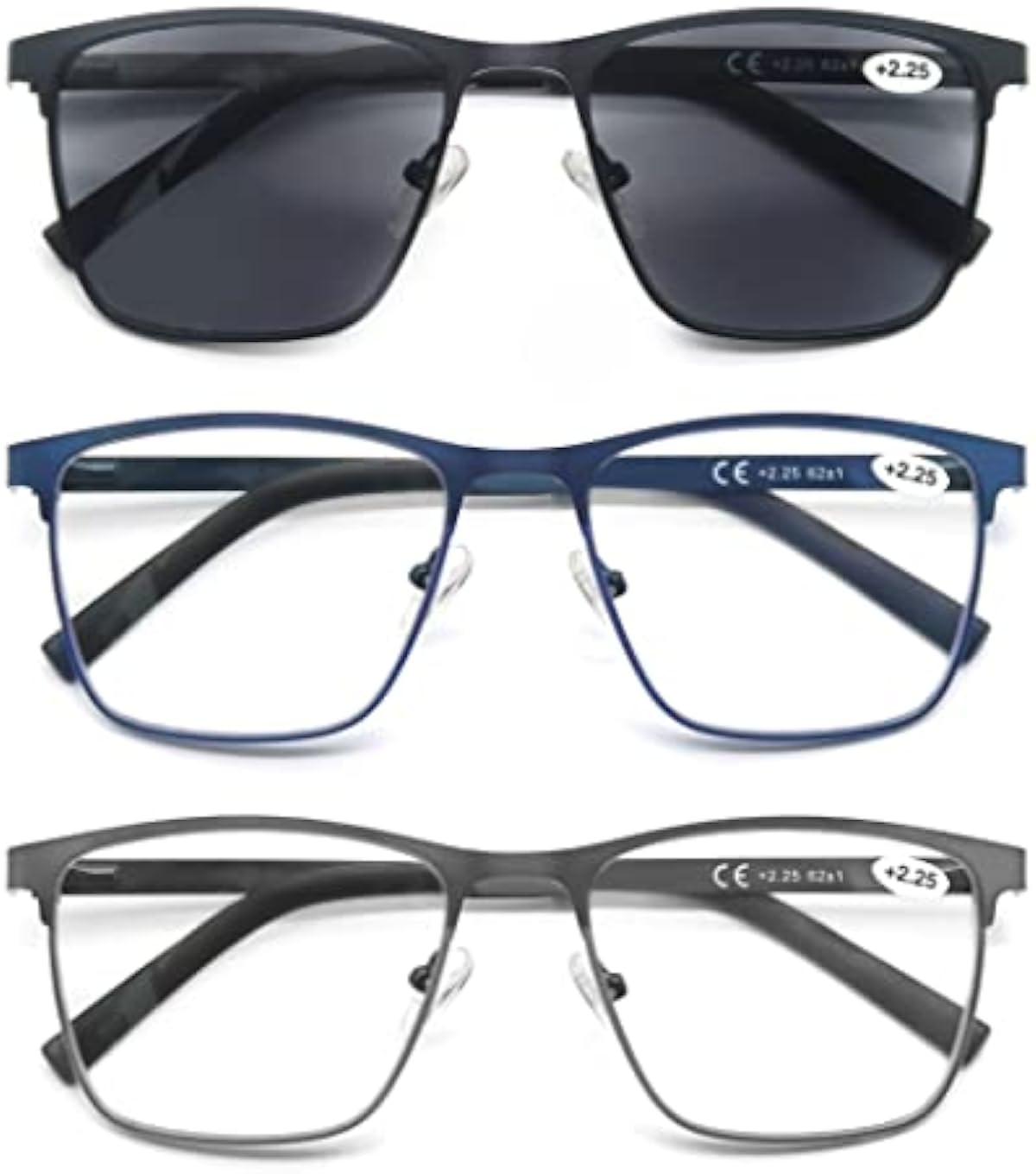 OLOMEE Reading Glasses for Men Blue Light Blocking Readers Full Metal Frame Square Cheaters 3 Pack Anti Eyestrain/Glare/UV