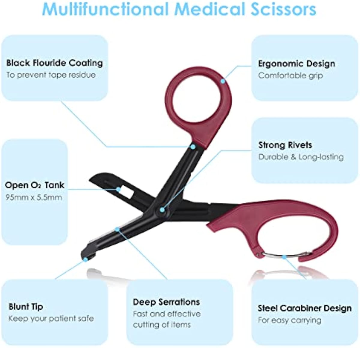 MOVOCA 2 Packs Medical Scissors with Carabiner - 7.5\" Bandage Scissors Trauma Shears, Fluoride Coated Non-stick Blades Stainless Steel Surgical Scissors for Doctor, Nurses, Nursing Students, EMT, EMS