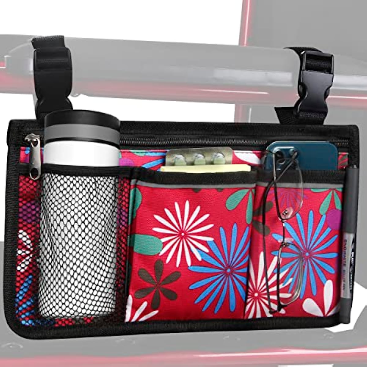 Wheelchair Side Organizer Storage Bag Armrest Pouch with Cup Holder and Reflective Stripe Use Waterproof Fabric, for Most Wheelchairs, Walkers or Rollators (Red Fireworks)