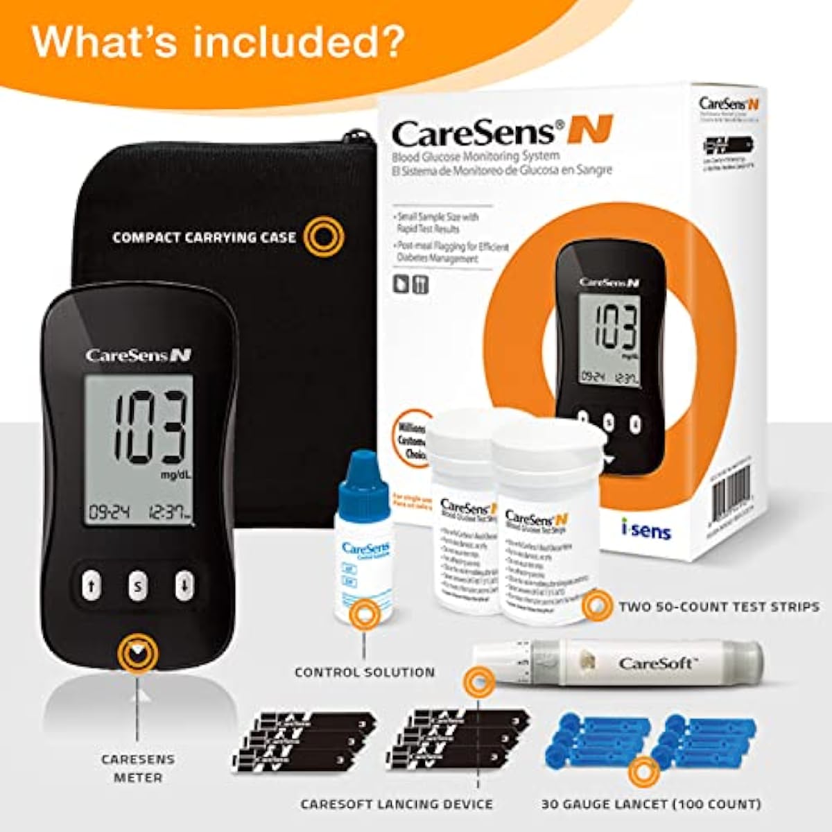 CareSens N Blood Glucose Monitor Kit with 100 Blood Sugar Test Strips, 100 Lancets, 1 Blood Glucose Meter, 1 Lancing Device, Travel Case for Diabetes Testing Kit (Auto-Coding Glucometer kit with 1 Control Solution)