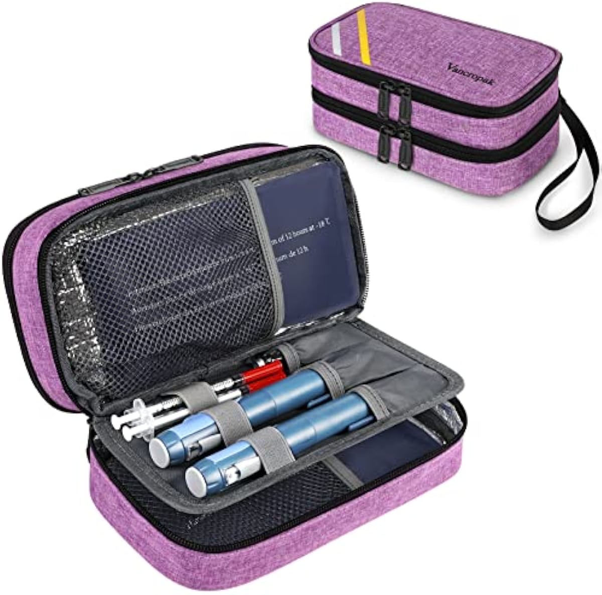 Diabetic Travel Case，Double Layer Insulin Cooler Travel Case for Women with 2 Ice Packs, Diabetic Supplies Pen Case with Medication Storage Pockets for Insulin Pens, Blood Glucose Meter, Purple