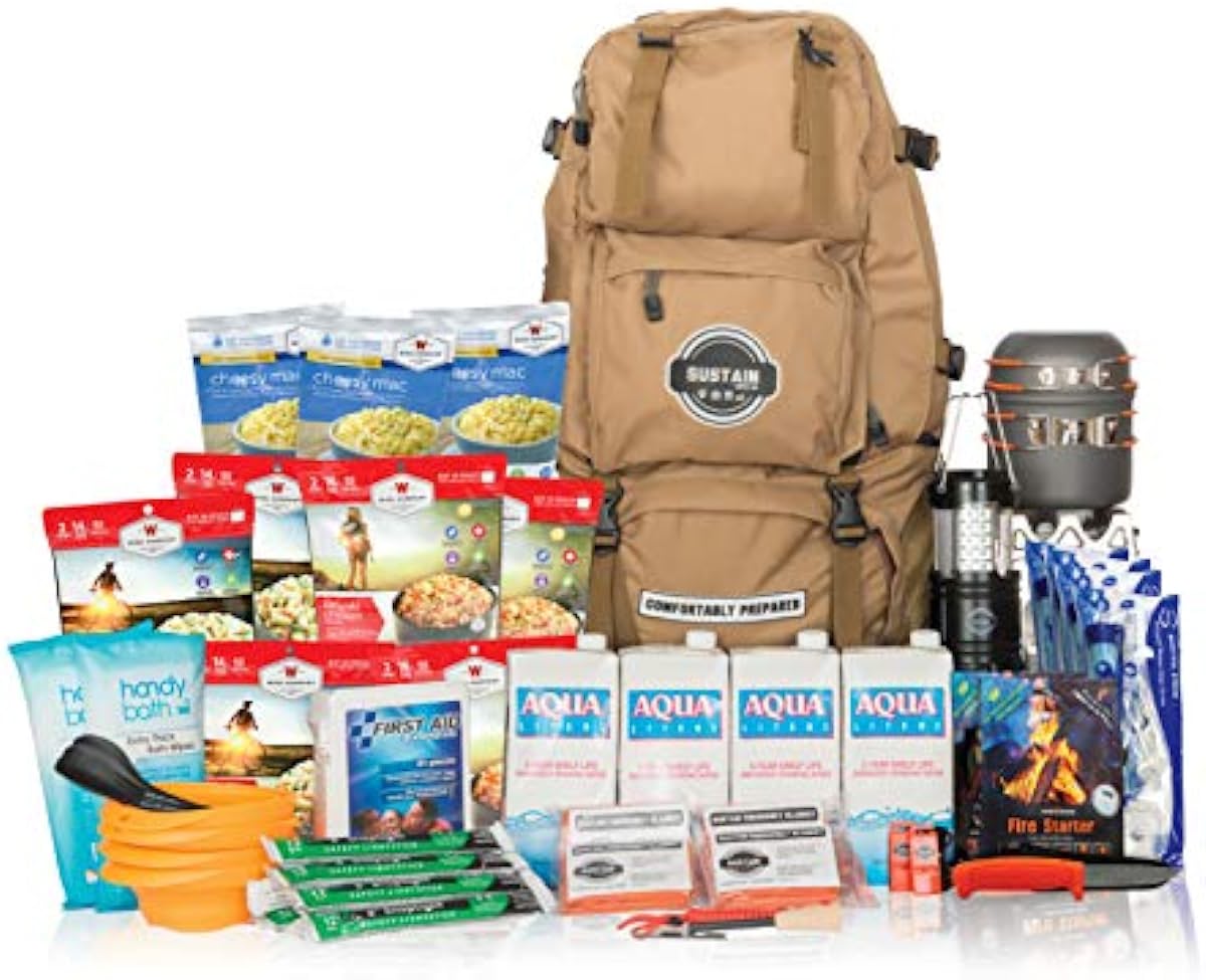Sustain Supply Premium Emergency Survival Kit – Bug Out Bag Backpack With 72 Hours of Disaster Preparedness Supplies and Emergency Food Supply for 4 People
