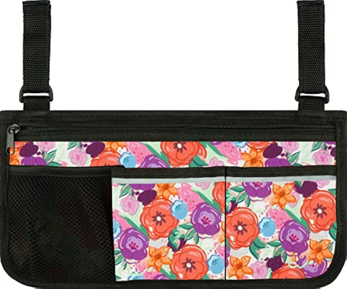 Waydaw Wheelchair Side Bag, Wheel Chair Accessories - Arm Rest Storage Pouch Organizer to Hang on Side, Fits Walkers, Rollators, Scooters, for Men and Women with Flower Pattern (Red and Purple)