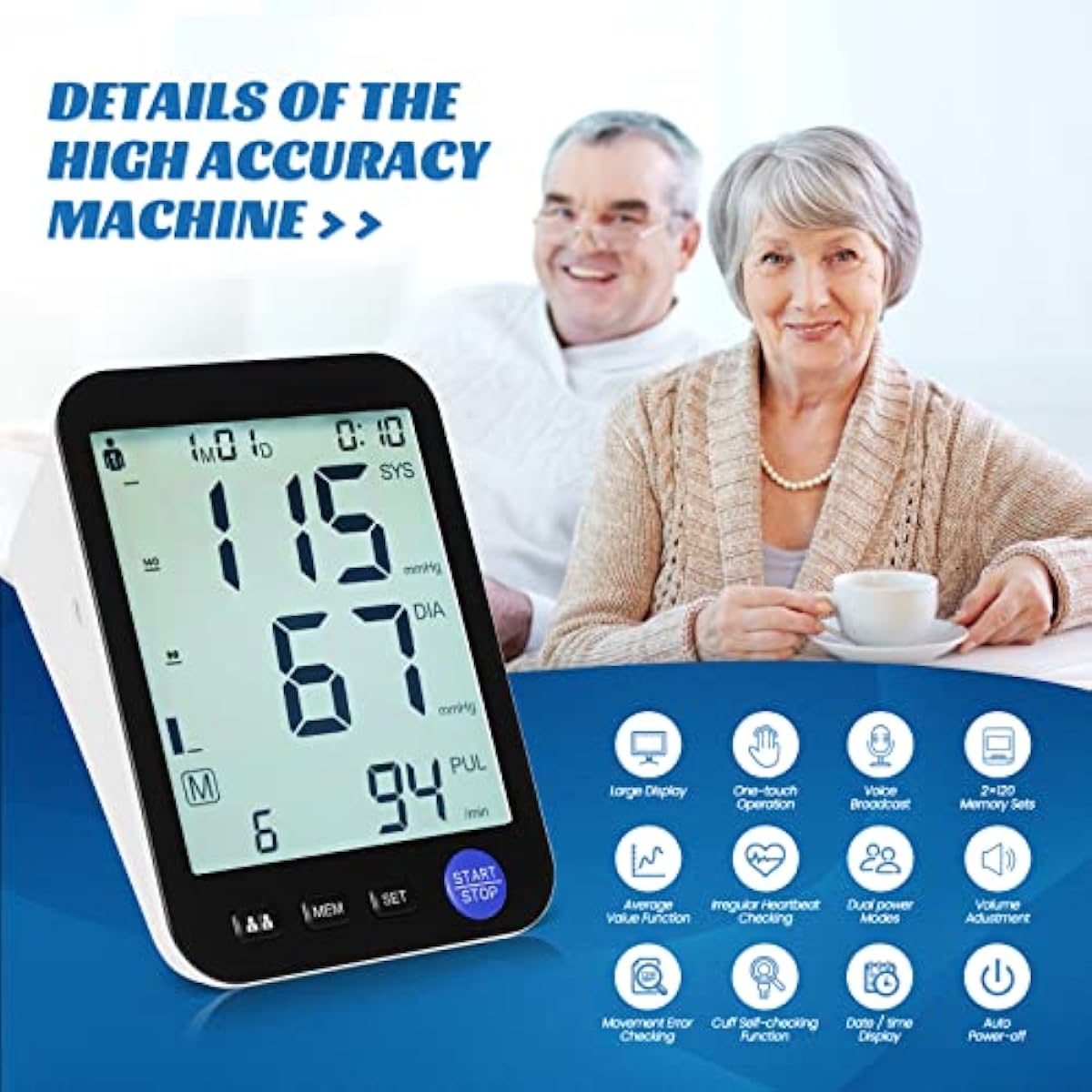 Automatic Blood Pressure Monitors - Blood Pressure Machine with Extra Large Screen, Adjustable Digital Cuff Arm Kit Led Backlit Display 2 Users 999 Sets Memory Includes Charging Cord White