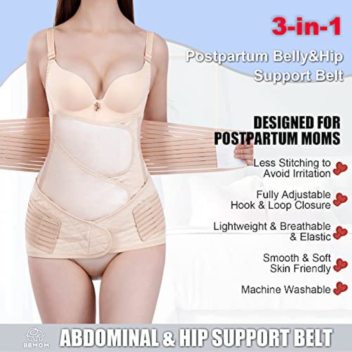 3 in 1 Postpartum Belly Wrap Abdominal Binder Belly Band C-section Recovery Belt & Sacroiliac Hip Support Belt (X-Large, ZBeige)