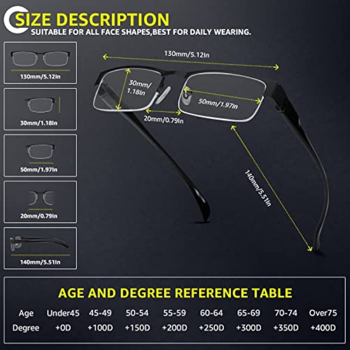 Reading Glasses for Men Blue Light Blocking, Metal Half Frame Readers Anti Eye Strain/Migraine Eyeglasses 5 Packs/Soft Cases