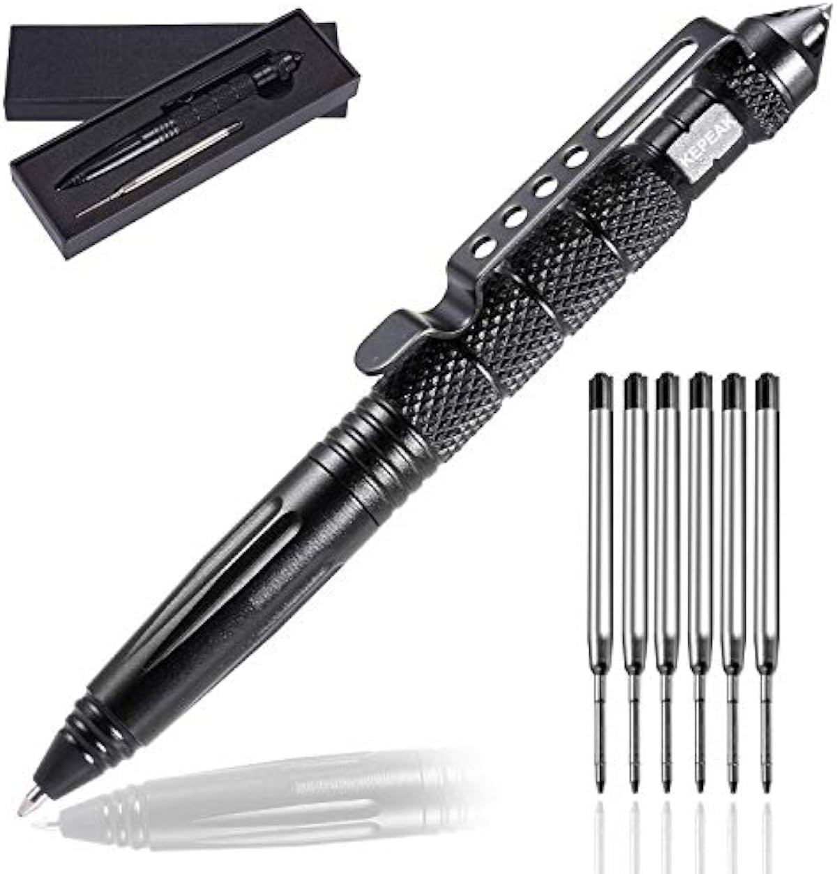KEPEAK Military Tactical Pen, Professional Self Defense Pen, Emergency Glass Breaker Pen - Tungsten Steel, Writing Tool with 6 Refill