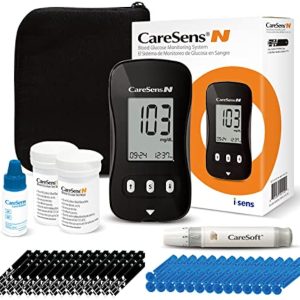 CareSens N Blood Glucose Monitor Kit with 100 Blood Sugar Test Strips, 100 Lancets, 1 Blood Glucose Meter, 1 Lancing Device, Travel Case for Diabetes Testing Kit (Auto-Coding Glucometer kit with 1 Control Solution)
