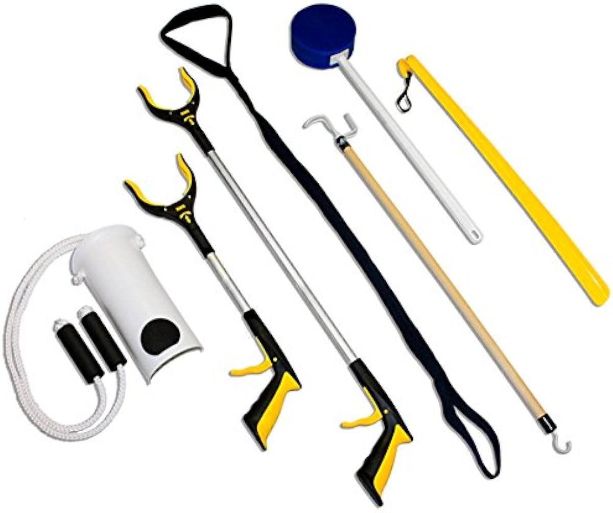 RMS Premium 7-Piece Hip Knee Replacement Kit with Leg Lifter, 19 and 32 inch Rotating Reacher Grabber, Long Handle Shoe Horn, Sock Aid, Dressing Stick, Bath Sponge - for Knee or Back Surgery Recovery