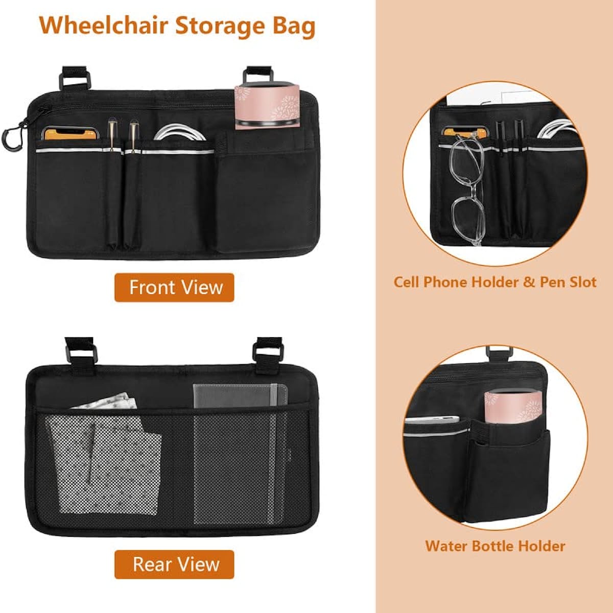 Wheelchair Side Bag, Armrest Accessories Storage with Reflective Stripe and Cup Holder for Most Wheelchairs, Walkers or Rollators (Black)