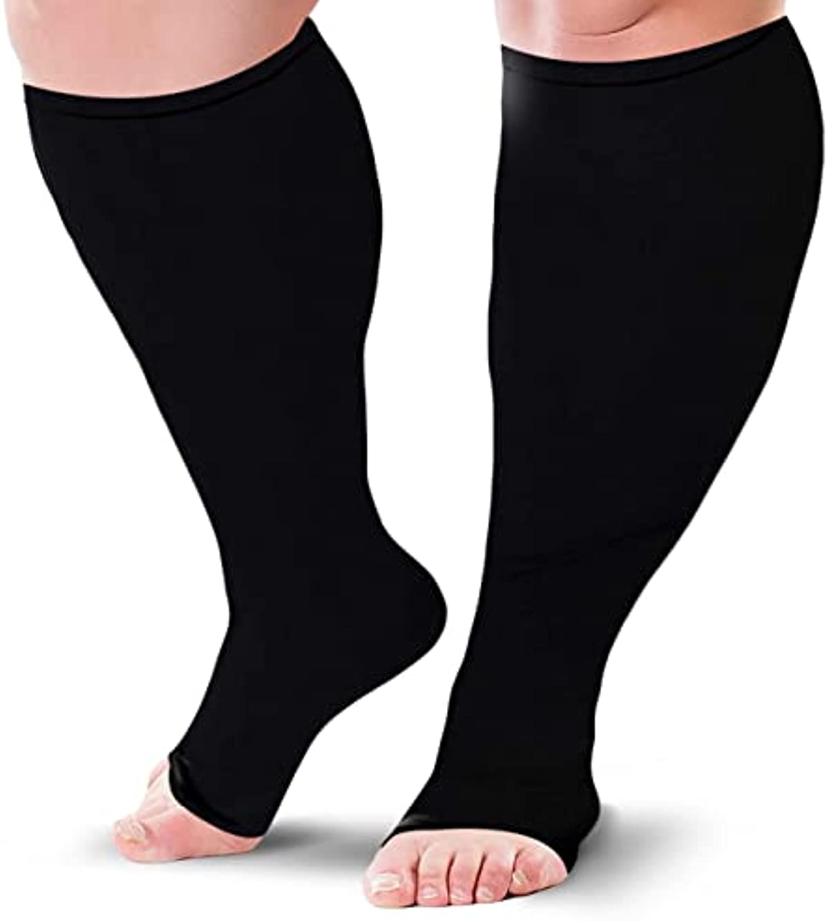 BLU HORN Knee High Open Toe Compression Stockings 20-30 mmHg - Everyday Use (2X-Large, Black)