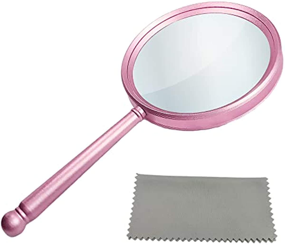 HOPLEX Handheld Magnifying Glasses 5X Reading Magnifier with Shatterproof Metal Handle & 84mm Large Magnifying Real Glass Lens for Seniors and Kids Repair and Observation(Rose Gold)