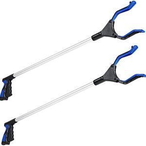Rirether 2-Pack 32 Inch Grabber Tool for Elderly, Non-Foldable Aluminum Alloy Reacher Grabber with Magnetic Tip and Hook, Rotating Gripper, Wide Jaw Reaching Aid (32 Inch, Blue)