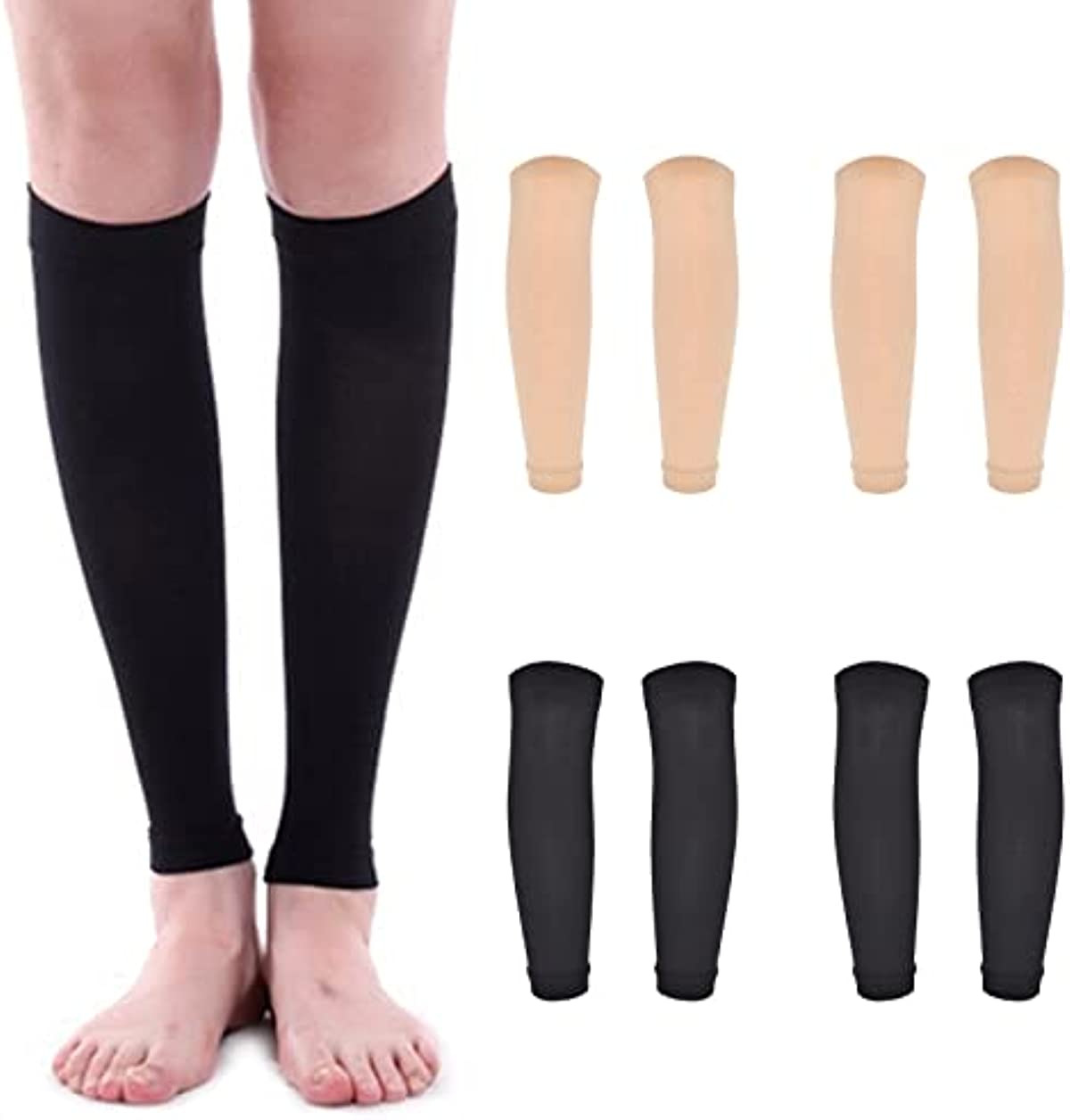 ATENTO 4 Pairs Calf Compression Sleeves for Women & Men - Wide Leg Footless Sleeve Compression Socks for Fitness -Support and Relief for Shin Splints, Varicose Veins, Sore Muscles + Joints, Strains (XX-Large, 2 Nude, 2 Black)