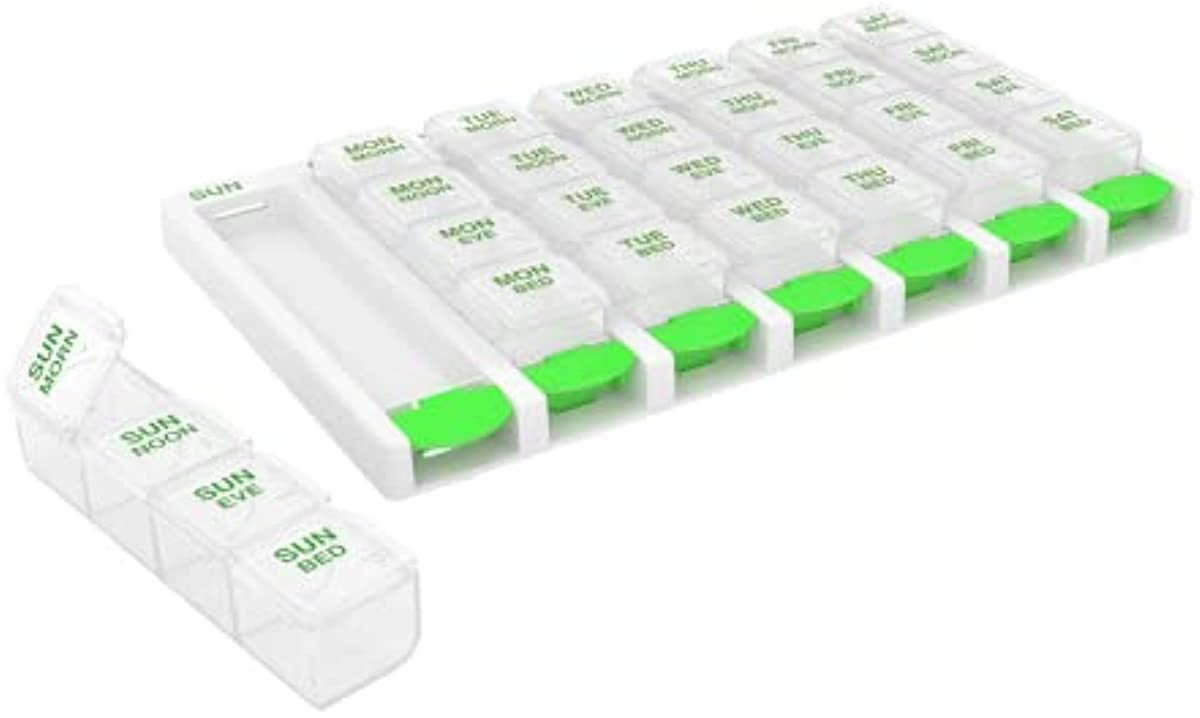 EZY DOSE Weekly (7 Day) 4 Times a Day Push Button Pill Organizer and Vitamin Planner, Removable Daily Pillboxes, Green, Clear Lids, Large (67133GAMT)