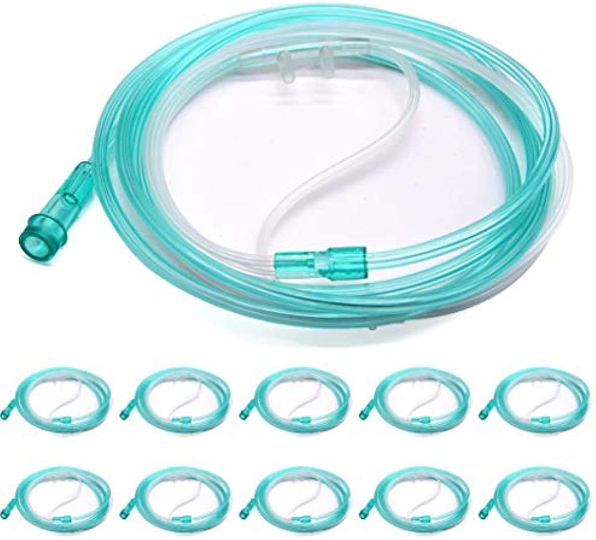 Healva 10 Pack High-Flow Soft Nasal Oxygen Cannula, Standard Connector 6.6 Feet, Green Tubing