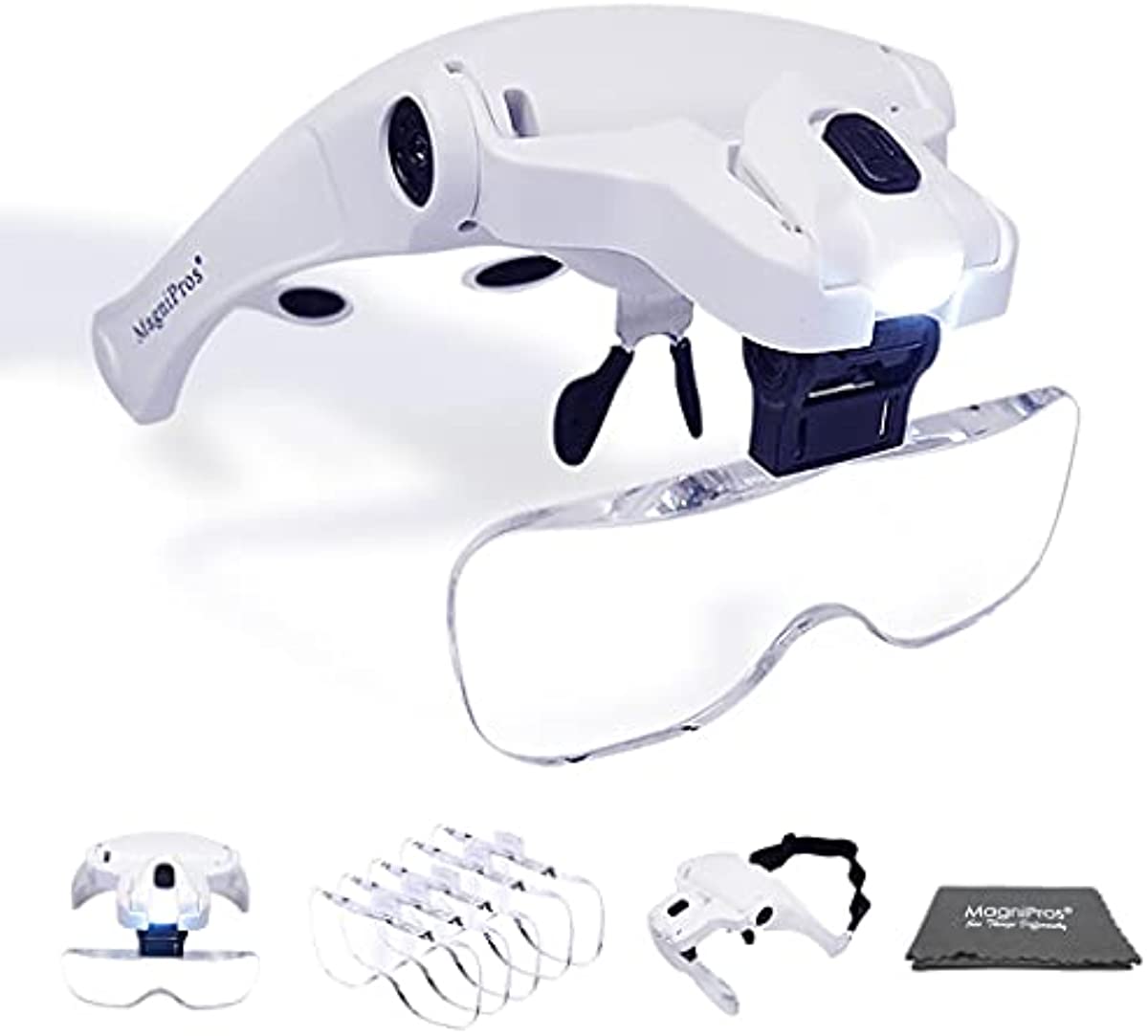 MagniPros LED Illuminated Headband Magnifier Visor | Hands Free Magnifier Loupe | 5 Detachable Lenses 1X, 1.5X, 2X, 2.5X 3.5X - (Upgraded Version) Hands-Free Head Worn Lighted Magnifying Glasses